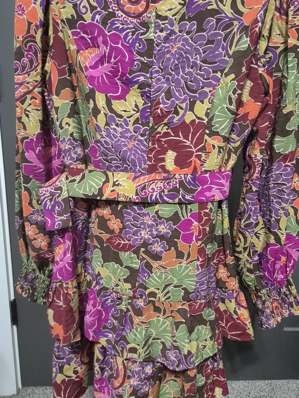 Fate Floral Boho Mini Dress Belted Tiered Long Sleeve Fall Small - Picture 4 of 8